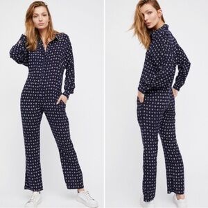 Free People Navy kick flare cropped Boiler PJ Jumpsuit small